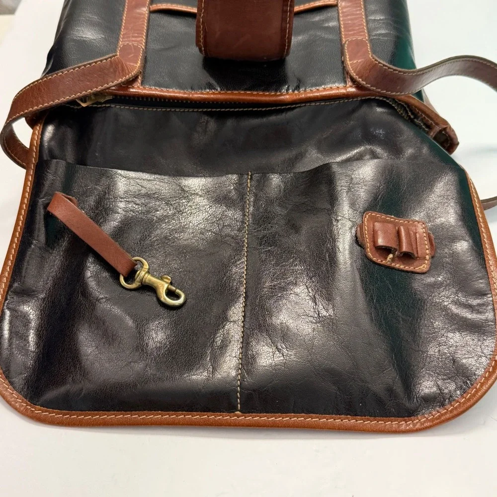 Vintage Brahmin Black Brown Leather Bucket Bag‎ Shoulder Bag USA Made Gold Logo